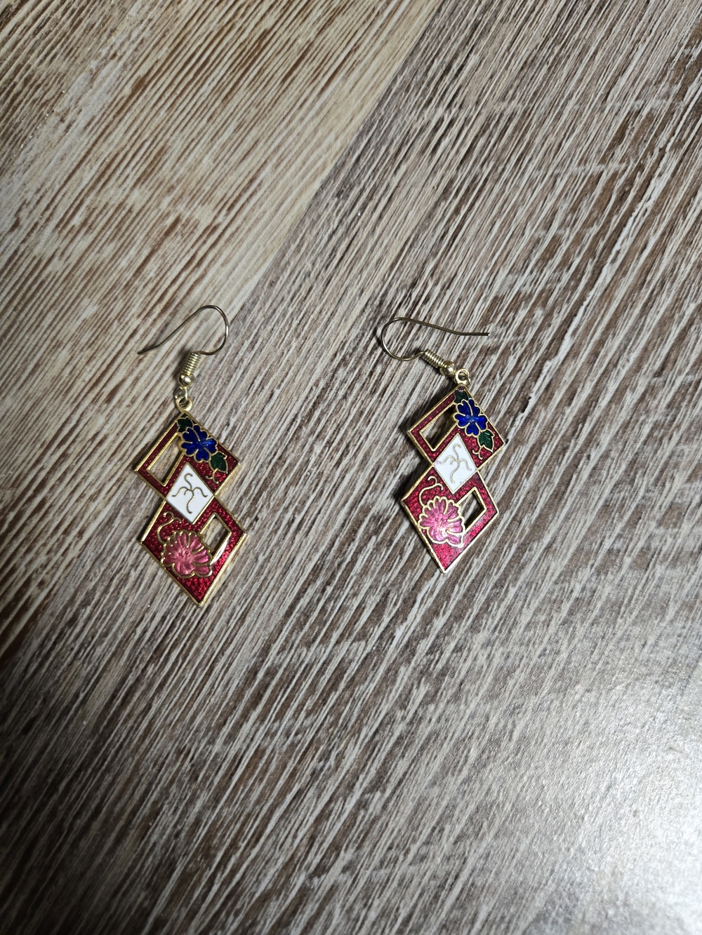 Gold-Tone Red Floral Enamel Geometric Drop Earrings